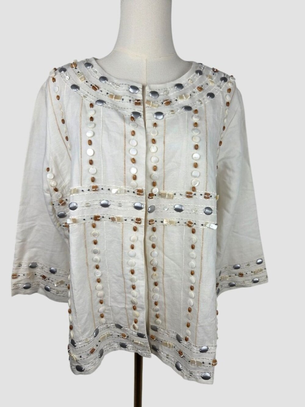 Gretchen Scott White Linen Resort Jacket‎ Top Sz L Embellished Shell Beads Boho